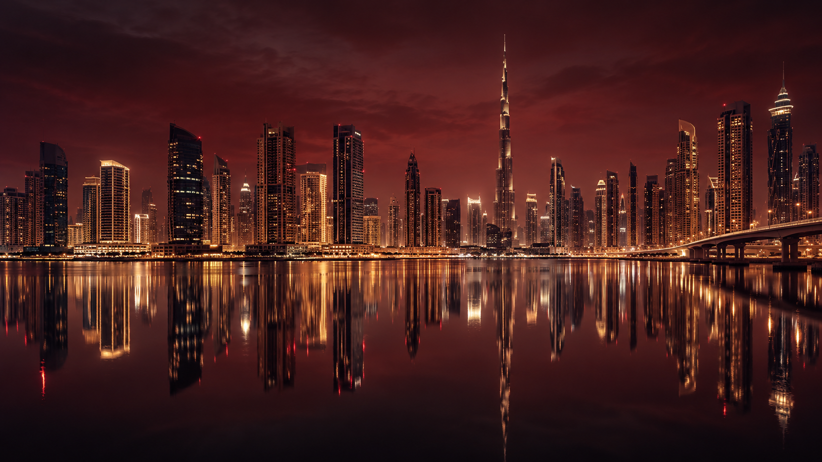 Dubai skyline reflected in water at night